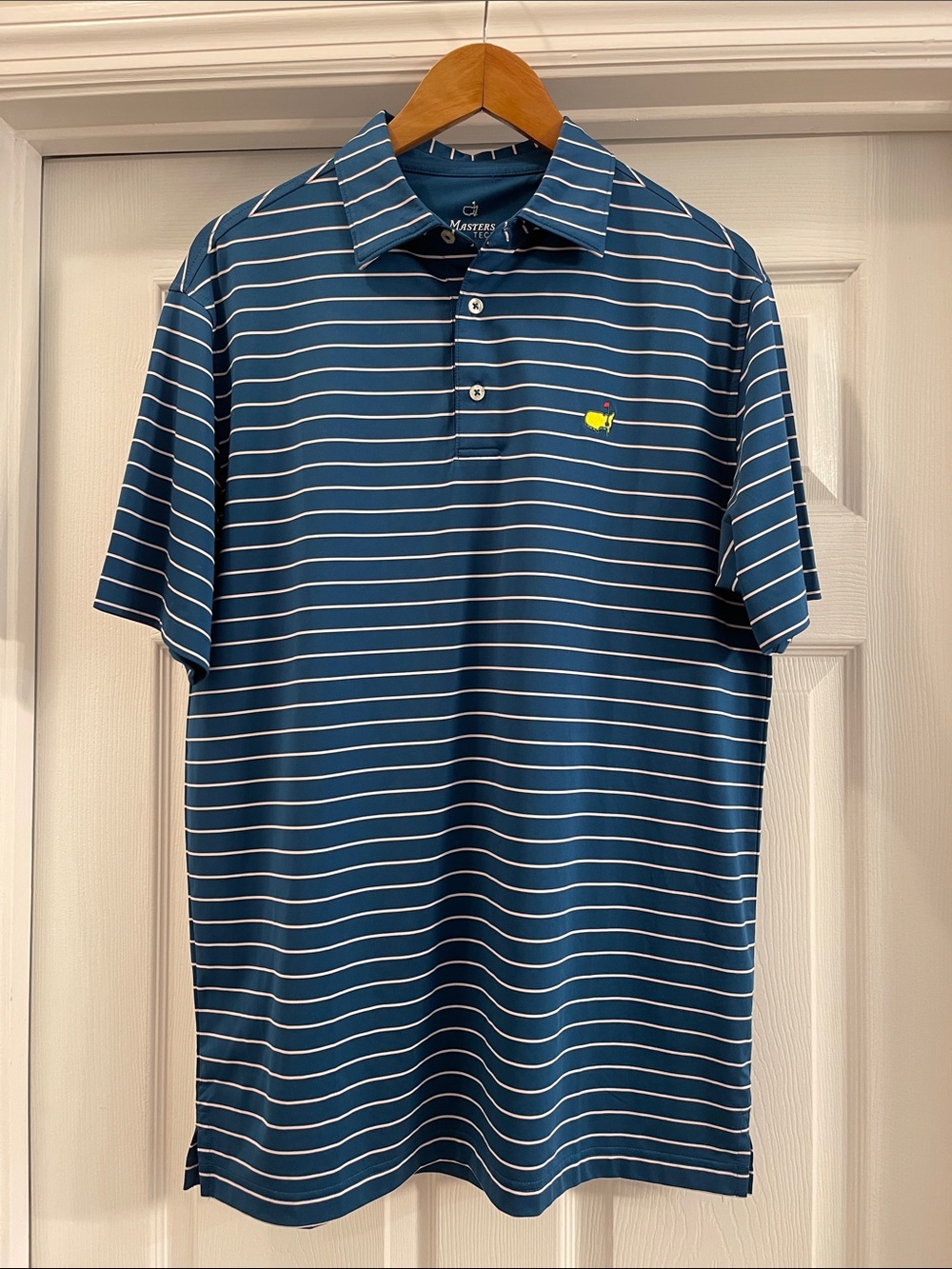 Masters Aqua and White Horizontal Stripe Polo with Yellow Logo